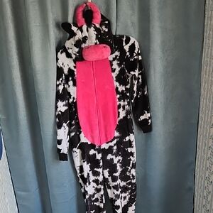 Celebrate Adult Black & White Cow Print Onesie with Pink Accents - Size 0-2 EUC